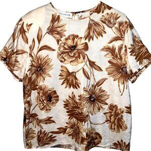 Jones New York Floral Short Sleeve Blouse Size 14 Lightweight Beige/Brown